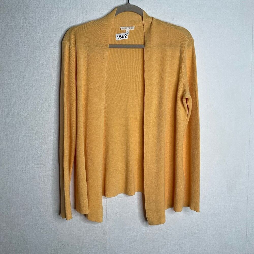 Eileen Fisher Sweater Womens Medium Yellow 100% Linen Boho Open Front Cardigan